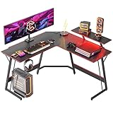 CubiCubi Gaming Eckschreibtisch mit LED Strip, 130 x 130 cm Ergonomic Gaming Tisch Gamer Schreibtisch L Form, PC Ecktisch Computertisch Mit Monitorständer und Haken für Kopfhörer