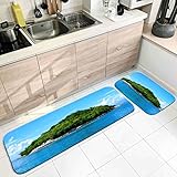 Banemi Küchenmatten Waschbar, Teppich Flauschig Blau Grün Insel und Ozean 50X80cm+50X160cm für Schuhschaber, Ideal für Den Innenbereich