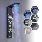 ROVOGO LED Duschpaneel mit Thermostat, Duschsäule mit Regenfall Wasserfall Duschkopf, 5 Massagedüsen, Handbrause und Wanneneinlauf, Edelstahl Duschpaneel mit Armatur, Schwarz