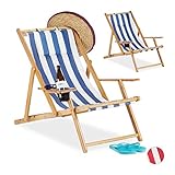 Relaxdays Liegestuhl im 2er Set, Strandliegestuhl mit Getränkehalter Ø 10cm, Bambus, für Balkon & Garten, klappbar, blau