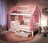 Alcube® Hausbett 90x200 mit Rausfallschutz, Lattenrost - KOMPLETT Set - inkl. Matratze 90x200, Schubladen und Rosa Deko ohne Cotton Ball Licht - Kinderbett 90x200 cm für Jungen & Mädchen - Bett Weiß