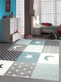 Teppich-Traum Kinderzimmer Teppich Spiel & Baby Teppich Punkte Sterne Mond Design in Blau Türkis Grau Creme Größe 160x230 cm