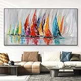 Abstraktes Gemälde mit Segelbooten auf Leinwand, moderne Kunst, Gemälde für Wohnzimmer, bunte Wandkunst, große abstrakte Wandkunst, Meereskunst, 60 x 120 cm, rahmenlos