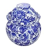 PAREKS Keramik-Einmachglas, blaues und weißes Porzellan, traditionelles Gärglas, chinesischer Gärtopf mit Wasserverschluss, Luftschleusendeckel for Einlegen von Kimchi, Sauerkrautglas