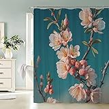 TAOLU 100% Polyester Stoff Pflaumenbusch Shower Curtain Anti-Bakteriell 120x180 Wasserdicht 3D Badvorhang Waschbar Blumen Landschaft Natur Duschvorhänge für Badzimmer mit 12 Haken