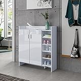 Schuhschrank Flurmöbel 2 Türen mit 4 Verstellbaren Einlegeböden Moderner Hochglanz Schrank Schuhregal Ständer Organizer, Weiß