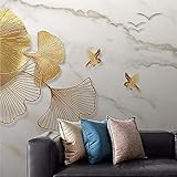 3D Tapete Licht Luxus Wandbild Handgemalte Gold Ginkgo Blätter Fliegende Vögel Marmorhintergrund Wand TV Wandbild Tapete Wanddekoration fototapete 3d Vlies wandbild Schlafzimmer-300cm×210cm