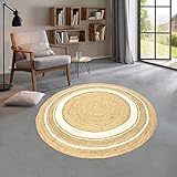 Taracarpet runder Jute Teppich Sisal Optik mit Bordüre Kurzflor Boho modern für Wohnzimmer Schlafzimmer nachhaltig Natur-Teppich Natur-weiß 120 cm rund