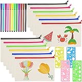 12 Stück 21*12cm DIY Blanko Stoffbeutel, Kinder Stoff Federmäppchen mit 12 Farbigen Stiften und 4 Zeichenvorlagen, Stoffbeutel zum Bemalen für Reisen Make Up Taschen, Aufbewahrung Schreibwaren