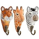 your castle 3 Wandhaken Garderobehaken Kleiderhaken aus Holz Giraffe, Zebra, Tiger mit Metallhaken handgearbeitet 13 cm Kinderzimmer
