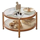 Couchtisch Wohnzimmertisch Moderner Glas-Couchtisch, runder 31,5-Zoll-Couchtisch for Wohnzimmer, 2-stöckiger Couchtisch mit Glasplatte mit Stauraum und Holzbeinen, einfacher und moderner Mitteltisch f