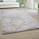 Paco Home Hochflor Teppich Wohnzimmer rutschfest Fellteppich Shaggy Flauschig Weich Modern Kunstfell Fell Imitat Einfarbig, Grösse:120x170 cm, Farbe:Silber
