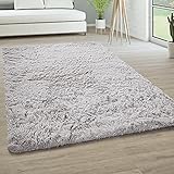 Paco Home Hochflor Teppich Wohnzimmer rutschfest Fellteppich Shaggy Flauschig Weich Modern Kunstfell Fell Imitat Einfarbig, Grösse:160x220 cm, Farbe:Silber