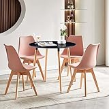 FURNITABLE Esszimmer Set mit 4 Rosa Stühlen,Runder Schwarz Esszimmertisch mit Buche Holz Beine Holztisch Wohnzimmertisch Teetisch Freizeittisch 80 x 72cm