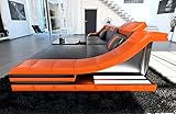 Sofa Dreams Ledersofa Turino L Form Ecksofa - mit LED Beleuchtung, verstellbare Kopfstützen, Recamiere/Lederfarben wählbar/Ausrichtung wählbar (Ottomane rechts, Schwarz-Orange)