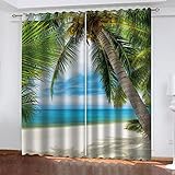 Hundnsney Vorhänge Wohnzimmer Modern Blickdicht 2Er Set 3D Strand Kokosnussbaum Meerblick Muster Schlaufenschal Verdunkelungsvorhang Vorhänge Lärmminderung Gardinen Fensterdekoration 210X220cm(HxB)