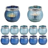 MJ PREMIER Teelichtgläser (12 STK),Windlicht Glas Set Votivkerzenhalter aus Vintage Teelichthalter Rund Windlicht Tischdeko Wohnzimmer Geschenk,Aromatherapie, Hochzeit, Party Deko Blau 5,9x6,6cm