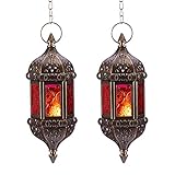 Nuptio Marokkanische Kerze Laterne Hängend Teelicht Kerzenhalter 2 Stück Metall & Glas Ramadan Lampe Braun Dekorative Laternen für Kerzen für Wohnzimmer Balkon Halloween Weihnachtsdekorationen