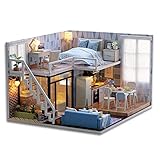 YUACY Puppen Haus Kit,DIY Puppe Haus 3D Holz Montage Mini Puppe Haus Spielzeug Schlafzimmer KüChe Bad MöBel Set Spaß Montage Spielzeug Geschenke,Light Blue,L
