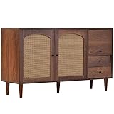 EVURU 130 * 75.5 * 40 cm Sideboard Mit Rattan Einsatz unregelmäßigen Schubladen mit DREI Türen und Zwei moderner Schubladenschrank fürs Wohnzimmer, Schlafzimmer oder Flur