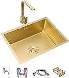 Spülen Gold Einzelne Spüle mit Wasserhahn, Bar-Spüle, Haus, verdickter Edelstahl handgefertigte Spüle (Farbe : Gold, Größe : 55 * 40 * 21cm)