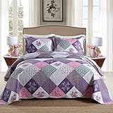 Qucover Tagesdecke Bettüberwurf 220x240 cm für Doppelbett Gesteppte Decke Set mit Kissen Patchwork Tagesdecke mit Blumen Muster Lila