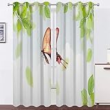 Vorhänge GrüNer Blattschmetterling Vorhang Blickdicht VerdunklungsvorhäNge mit öSen, Gardinen Wohnzimmer Schlafzimmer Modern Bedruckt Curtains H 145 X B 135 cm 2er Set