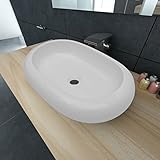 JUNZAI Keramik Waschtisch Waschbecken, Aufsatzwaschbecken, Bathroom Sink, Waschtisch, Ablaufgarnitur, Aufsatzbecken, Oval Weiß 63 x 42 cm