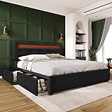Bett mit Stauraum & LED-Beleuchtung, 4 Schubladen, Samt-Stoff Polsterbett Doppelbett, Lattenrost aus Holz, (Schwarz, 140 x 200 cm)