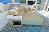 Wohnlandschaft Bellagio XXL Leder Couch mit Kopfstützen Ledersofa LED Licht Sofa mit Ottomane (Ottomane Links, Sandbeige-Weiß)