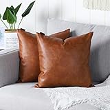 Mandioo 2er Set aus Kunstleder Kissenbezug Dekorativen Quadratisch Überwurf Kissenbezüge Kissen für Sofa Schlafzimmer 18'x18', 45 x 45 cm,Braun