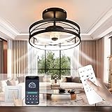 CURBEL Retro Led Deckenventilator mit Beleuchtung, Dimmbar Mit Fernbedienung Timer Ventilator Deckenleuchte Ventilatorlicht Für Wohnzimmer Schlafzimmer Esszimmer (Schwarz, Ø40cm)