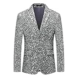 Herren Pailletten Blazer Casual EIN-Knopf-Anzug Slim Fit Anzug Blazer Mantel Jacke Performance-Kostüm für Hochzeit und Party(Silver,XXL)