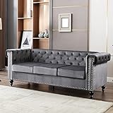 Merax 3-Sitzer Sofa, Chesterfield Couch für Wohnzimmer, Bezug aus Samt, Schlafcouch mit edler Knopfheftung und typischen Armlehnen, für Wohnungen, Holzgestell, Metallbeine, Grau