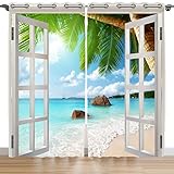 Violetpos 245 x 140 cm Weiße Fenster Strand Palmen Meer Gardinen Blickdichter 2er Set Vorhang Verdunkelung mit Ösen für Schlafzimmer Wohnzimmer