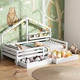Azkoeesy 90x200 cm Kinder Bettgestell Hausbett,mit Ablageregal & Lattenrost & Fallschutz, Max 150kg,Einzelbett aus Kiefern,Weiß (mit 2-Schublade)
