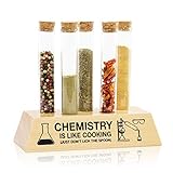 getDigital Reagenzglas Gewürzregal - Originelles Gewürz-Set mit 5 Glas-Röhrchen und Buchenholz Halter - Universal Kräuterregal im Labor-Design