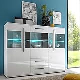 Lomadox Modernes Highboard in weiß Hochglanz inkl. LED und Grauglas BxHxT: 160x126x42cm