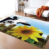 Bereich Teppiche Bauernhaus Schwarz Weiße Kuh Gelbe Sonnenblumen Ländlichen Zaun Blauer Himmel Teppiche Antibakterielle Bodenmatte Rutschfester Fußmatte Für Außen Eingang Haushalt 120X160Cm