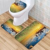 Rutschfeste Badematten-Set, Poppy, Freshening Sky View mit Gras und Mohn gegen Sunset Horizon Countryside, Rot, Grün, ,Weiche Mikrofaser, WC-Vorleger, WC-Sockelmatte, maschinenwaschbar, 3-teiliges Set