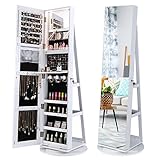 COSTWAY Schmuckschrank 360°drehbar, freistehender Spiegelschrank abschließbar mit dreifarbigen LED-Leuchten & Ganzkörperspiegel, Schmuck-Organizer Schmuckaufbewahrung mit Schlüsseln