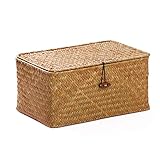 Rattankorb Aufbewahrungskorb aus Seegras mit Deckel Natürliches Material (Klein 26cmx14cmx11cm H)