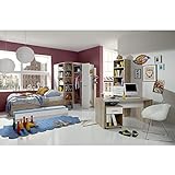 Lomadox Jugendzimmer komplett Set mit Eckkleiderschrank, begehbar und beleuchtet, Schreibtisch Set und Bücherregal in Eiche Nb. mit weiß