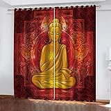 Hundnsney Vorhänge Wohnzimmer Modern Blickdicht 2Er Set 3D Goldene Buddha-Statue Muster Schlaufenschal Verdunkelungsvorhang Vorhänge Lärmminderung Gardinen Fensterdekoration 140X110cm(HxB)