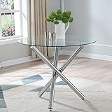 SICOTAS rundes Glastisch, 89 x89 x74 cm rundes Esstisch aus gehärtetem Glas, moderner Küchentisch, Esszimmertisch, Runder Tisch mit Verchromte Beine