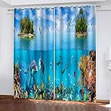 LAMPPE Vorhänge Mit Ösen Wohnzimmer Kinderzimmer Vorhang Blickdicht 2Er Set 3D Blaue Ozeanlandschaft Muster Fenster Gardinen H 210 X B 110 cm Kinder Schlafzimmer Kälteschutz Ösenvorhang