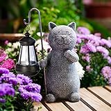 Yeomoo Katze Gartenfiguren für Außen mit Solar Laterne – Lustig Wasserdicht Katzen Solarlampe Figur Gartendeko für Draußen Balkon Terrassen Geschenke für Frauen Männer Mama Geburtstag Feengarten Grau