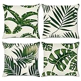 Bonhause 4er Set Kissenbezüge Tropische Blätter 45 x 45 cm Grün Pflanze Polyester Leinen Dekorative Kissenhülle Zierkissenbezüge für Sofa Schlafzimmer Wohnzimmer Auto Zuhause Dekoration