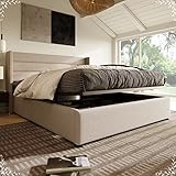 AMDXD Stauraumbett Polsterbett Hydraulisch Doppelbett 180x200cm, Lattenrost aus Holz, Bett mit Lattenrost aus Metallrahmen, Leinen, Beige