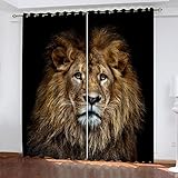 BONDIJ Vorhang Blickdicht Kinderzimmer 2Er Set, Ösenvorhang 3D Wilder Tierlöwe Muster, Verdunklungsvorhänge Schlafzimmer Wohnzimmer 232X236cm (HxB) Thermogardine Fensterdekoration